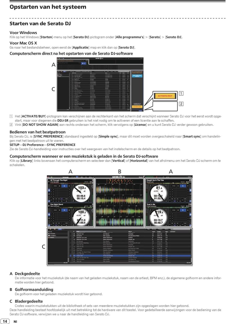 Computerscherm direct na het opstarten van de Serato DJ-software A C 1 2 1 Het [ACTIVATE/BUY]-pictogram kan verschijnen aan de rechterkant van het scherm dat verschijnt wanneer Serato DJ voor het