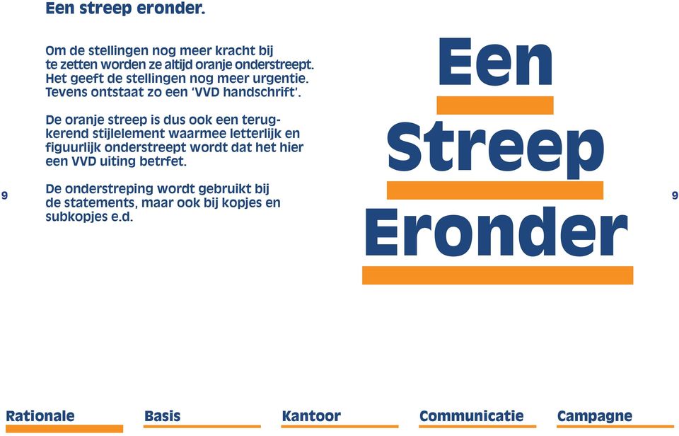 De oranje streep is dus ook een terugkerend stijlelement waarmee letterlijk en figuurlijk onderstreept wordt