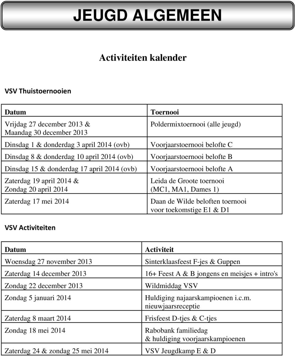 belofte B Voorjaarstoernooi belofte A Leida de Groote toernooi (MC1, MA1, Dames 1) Daan de Wilde beloften toernooi voor toekomstige E1 & D1 VSV Activiteiten Datum Woensdag 27 november 2013 Zaterdag
