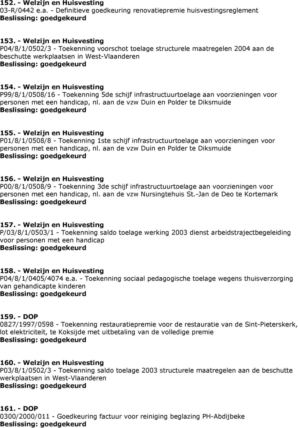 - Welzijn en Huisvesting P99/8/1/0508/16 - Toekenning 5de schijf infrastructuurtoelage aan voorzieningen voor personen met een handicap, nl. aan de vzw Duin en Polder te Diksmuide 155.