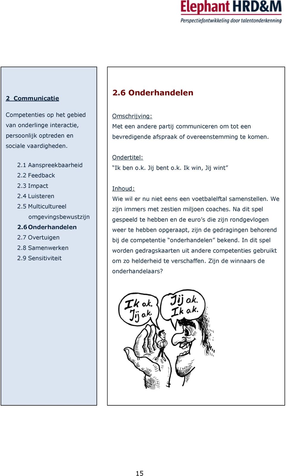 6 Onderhandelen 2.7 Overtuigen 2.8 Samenwerken 2.9 Sensitiviteit Ik ben o.k. Jij bent o.k. Ik win, Jij wint Wie wil er nu niet eens een voetbalelftal samenstellen.