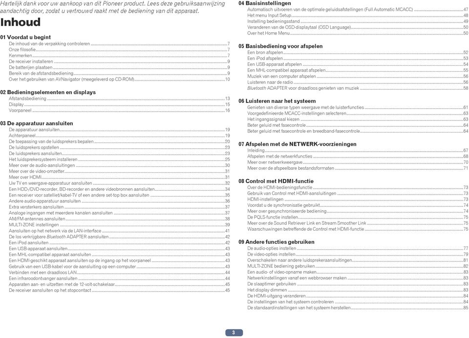 ..9 Over het gebruiken van AVNavigator (meegeleverd op CD-ROM)...10 02 Bedieningselementen en displays Afstandsbediening...13 Display...15 Voorpaneel.