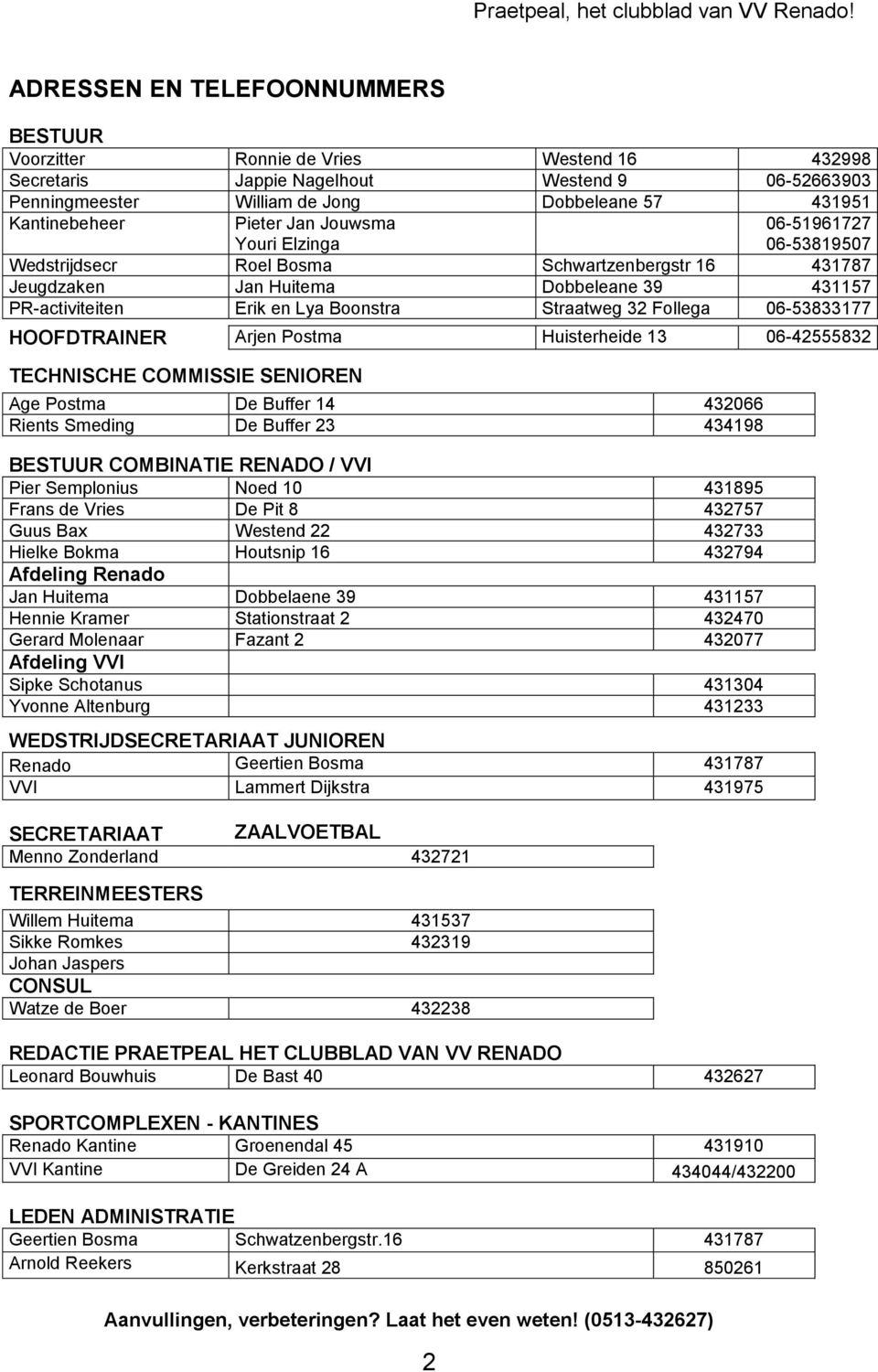 Straatweg 32 Follega 06-53833177 HOOFDTRAINER Arjen Postma Huisterheide 13 06-42555832 TECHNISCHE COMMISSIE SENIOREN Age Postma De Buffer 14 432066 Rients Smeding De Buffer 23 434198 BESTUUR