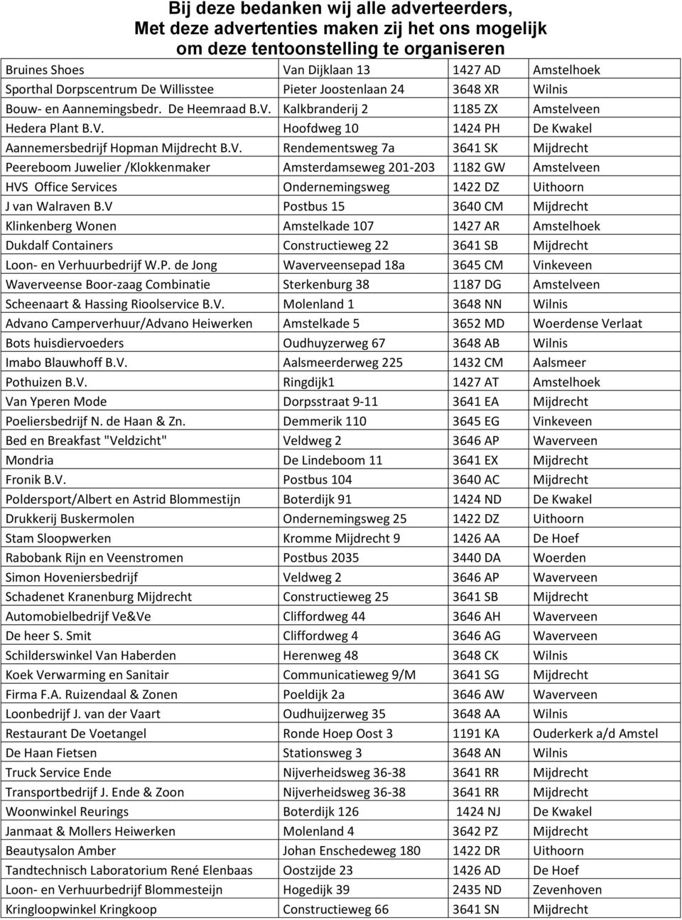 V. Rendementsweg 7a 3641 SK Mijdrecht Peereboom Juwelier /Klokkenmaker Amsterdamseweg 201-203 1182 GW Amstelveen HVS Office Services Ondernemingsweg 1422 DZ Uithoorn J van Walraven B.