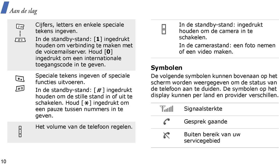 In de standby-stand: [ ] ingedrukt houden om de stille stand in of uit te schakelen. Houd [ ] ingedrukt om een pauze tussen nummers in te geven. Het volume van de telefoon regelen.