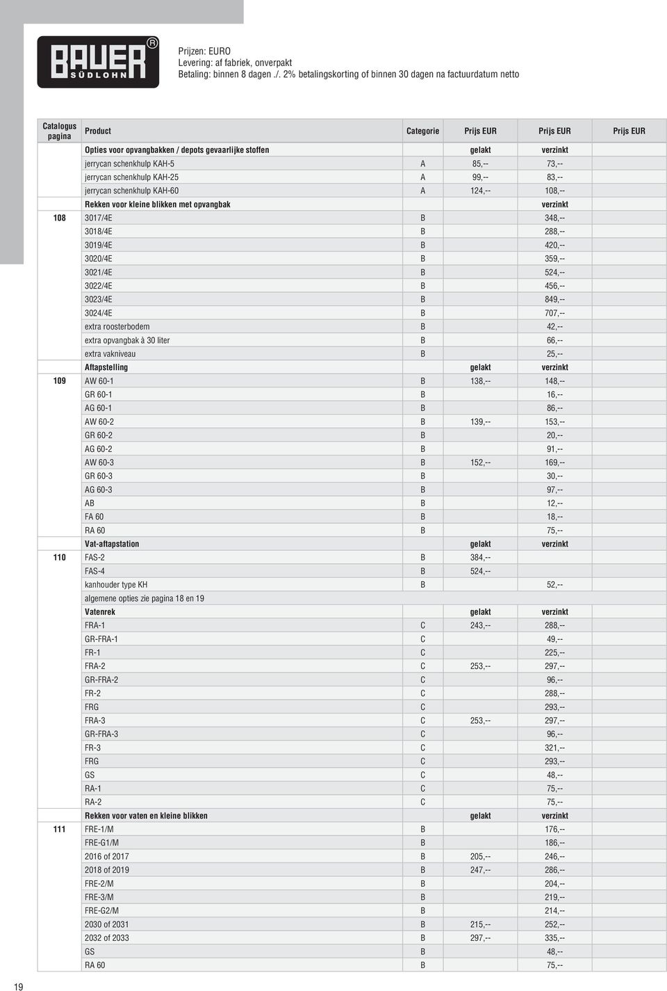 opvangbak à 30 liter B 66,-- extra vakniveau B 25,-- Aftapstelling 109 AW 60-1 B 138,-- 148,-- GR 60-1 B 16,-- AG 60-1 B 86,-- AW 60-2 B 139,-- 153,-- GR 60-2 B 20,-- AG 60-2 B 91,-- AW 60-3 B 152,--