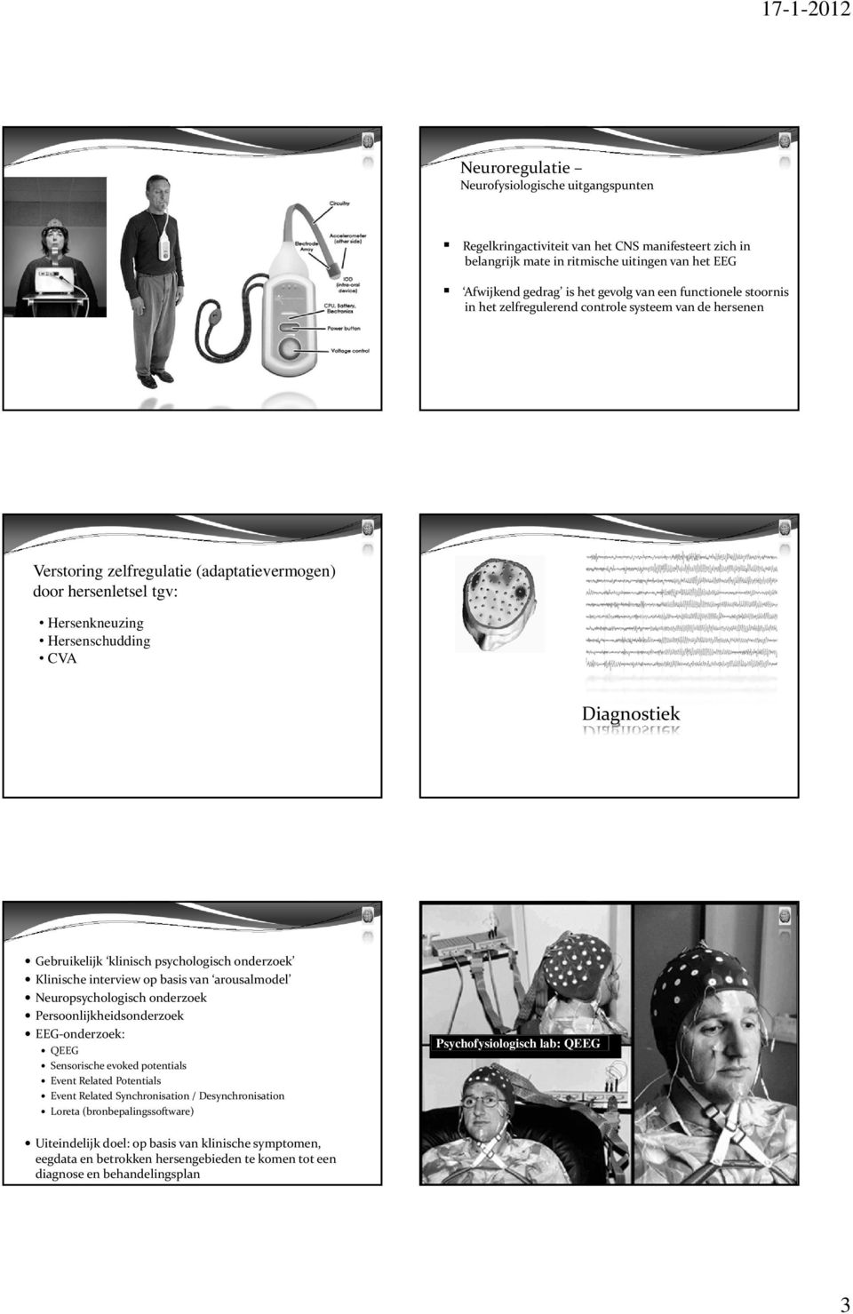 Gebruikelijk klinisch psychologisch onderzoek Klinische interview op basis van arousalmodel Neuropsychologisch onderzoek Persoonlijkheidsonderzoek EEG onderzoek: QEEG Sensorische evoked potentials