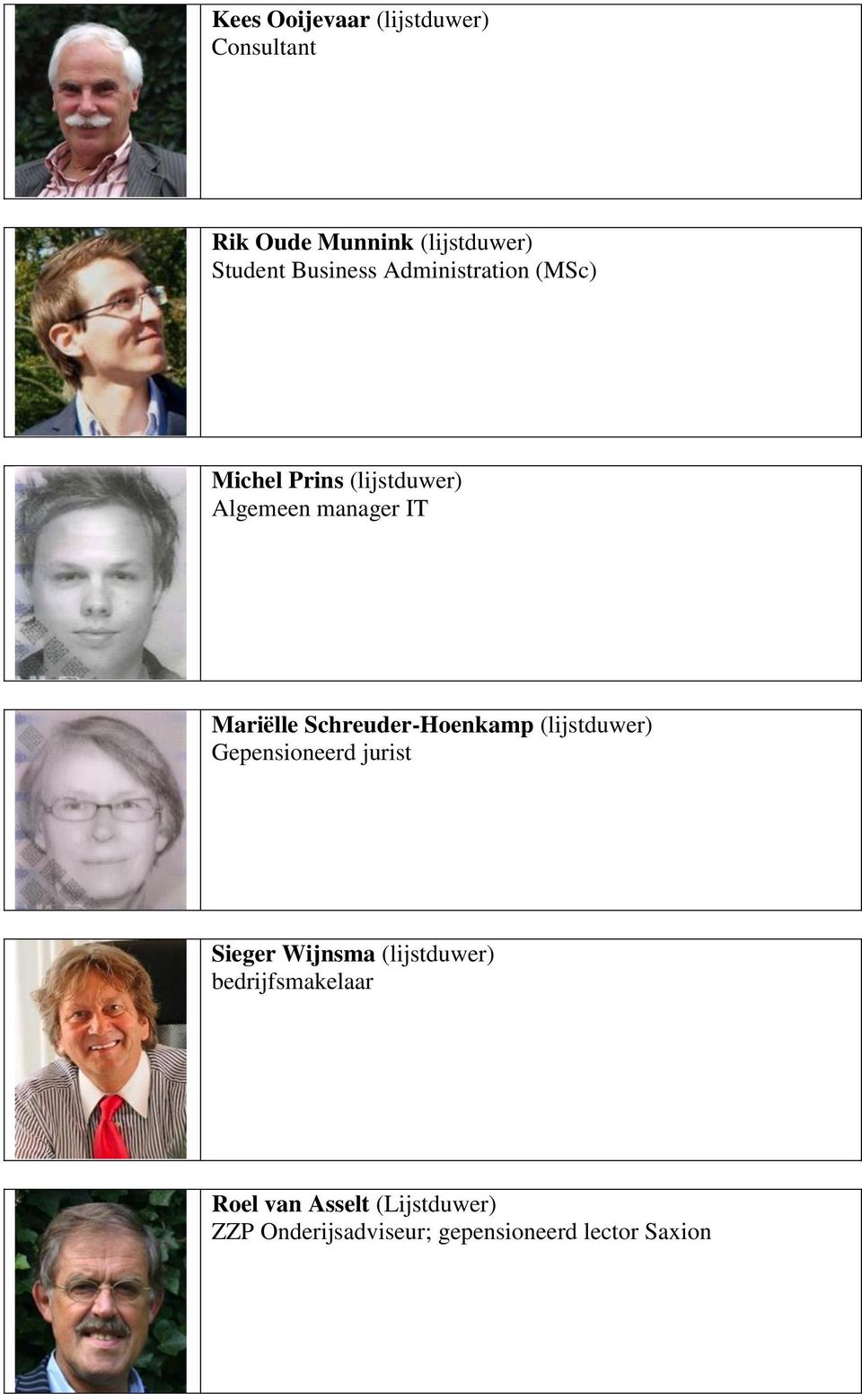 Schreuder-Hoenkamp (lijstduwer) Gepensioneerd jurist Sieger Wijnsma (lijstduwer)