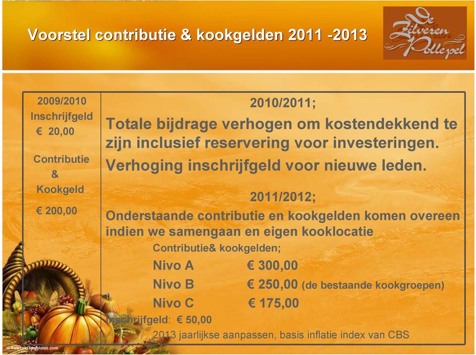 2011/2012; Onderstaande contributie en kookgelden komen overeen indien we samengaan en eigen kooklocatie Contributie& kookgelden;