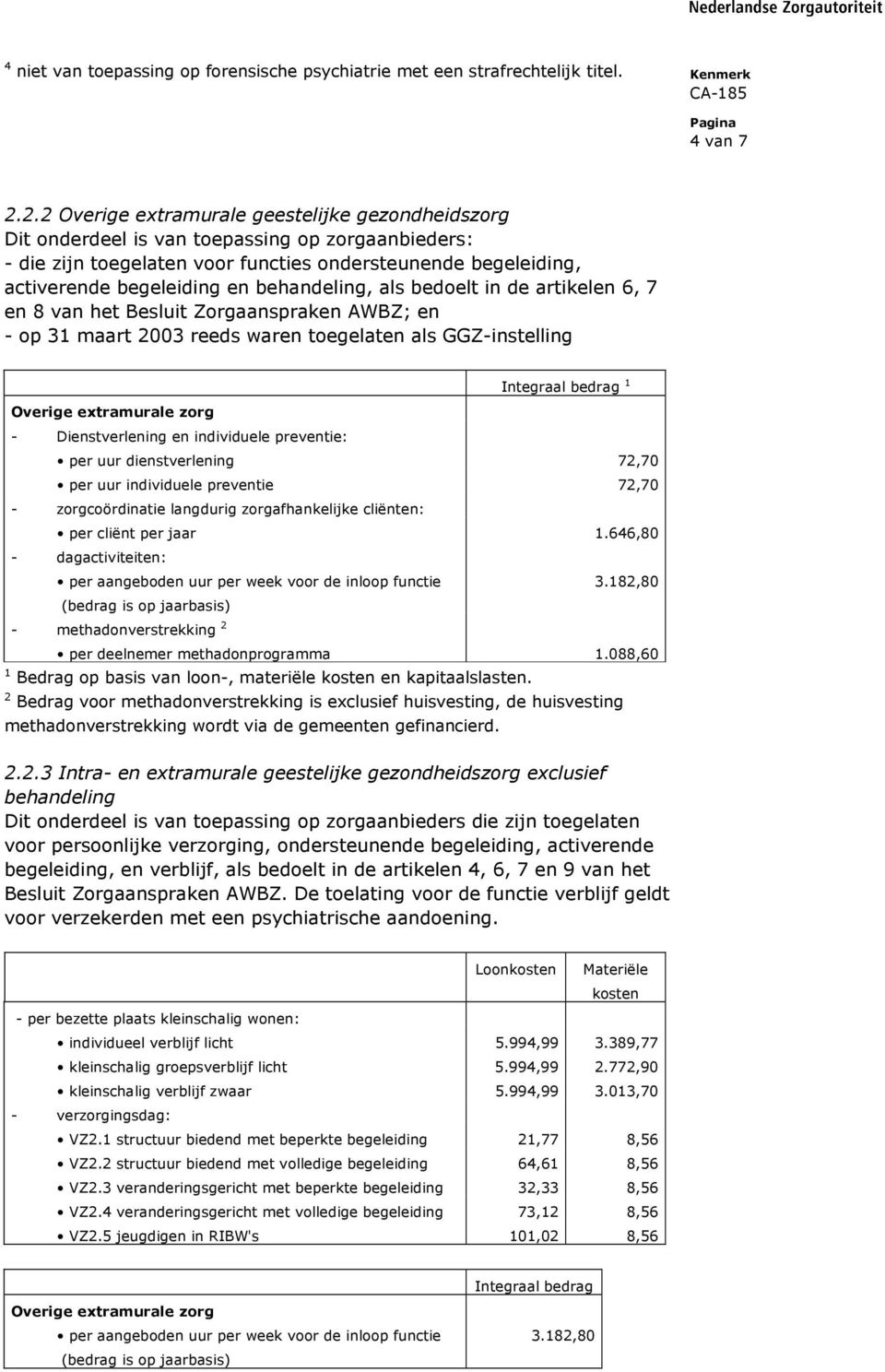 behandeling, als bedoelt in de artikelen 6, 7 en 8 van het Besluit Zorgaanspraken AWBZ; en - op 31 maart 2003 reeds waren toegelaten als GGZ-instelling Integraal bedrag 1 Overige extramurale zorg -