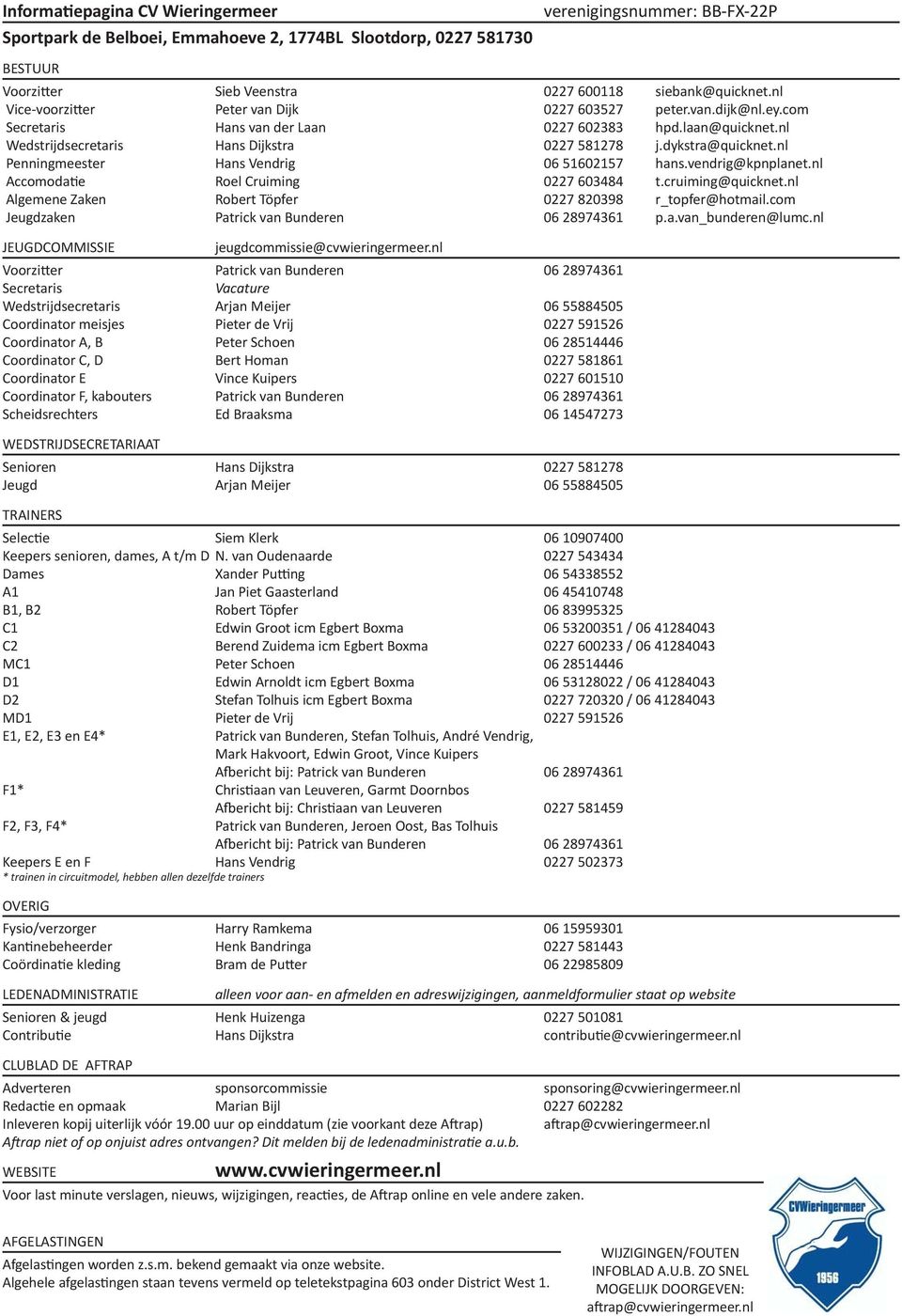 nl Penningmeester Hans Vendrig 06 51602157 hans.vendrig@kpnplanet.nl Accomodatie Roel Cruiming 0227 603484 t.cruiming@quicknet.nl Algemene Zaken Robert Töpfer 0227 820398 r_topfer@hotmail.
