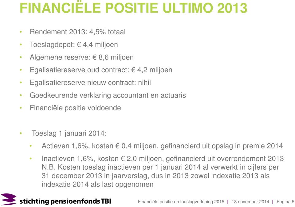 miljoen, gefinancierd uit opslag in premie 2014 Inactieven 1,6%, kosten 2,0 miljoen, gefinancierd uit overrendement 2013 N.B.