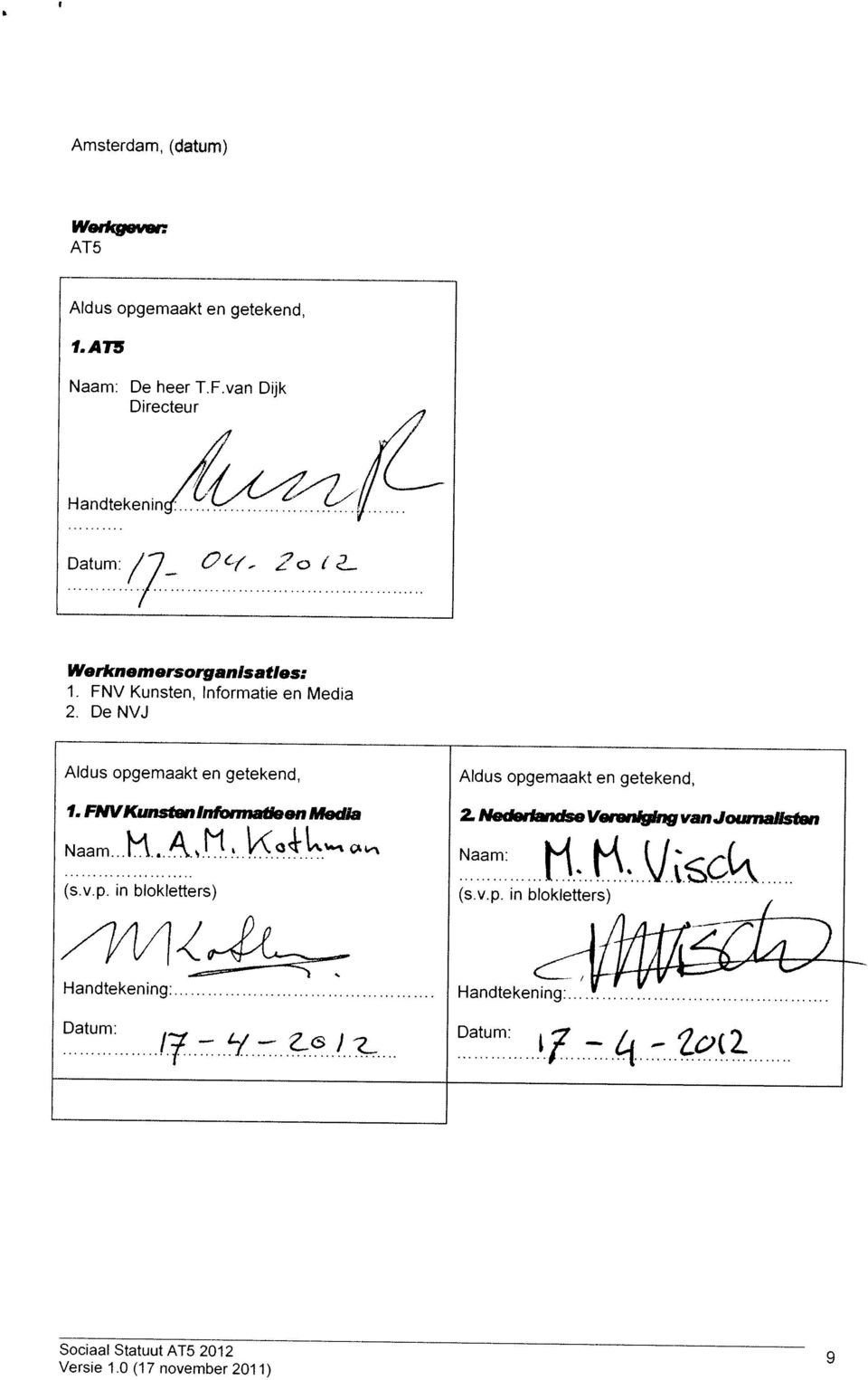 FNV Kunsten, lnformatie en Media Werknemersorganisaties: Datum: /7 1 7c I / / Handtekentng -: 117 L 7/ \.