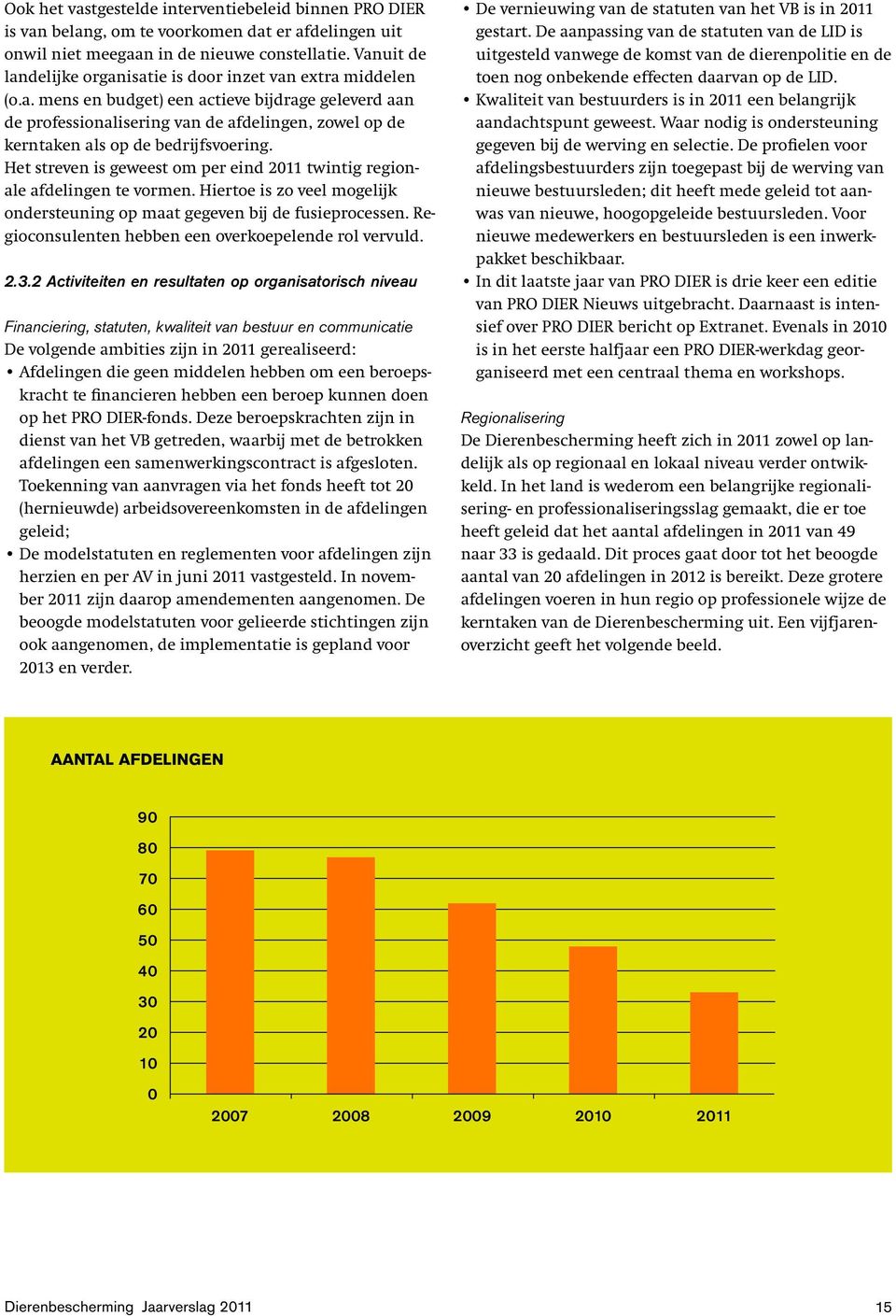 Het streven is geweest om per eind 2011 twintig regionale afdelingen te vormen. Hiertoe is zo veel mogelijk ondersteuning op maat gegeven bij de fusieprocessen.