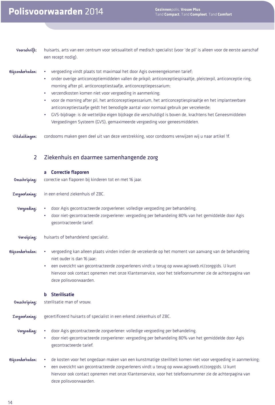 Bijzonderheden: vergoeding vindt plaats tot maximaal het door Agis overeengekomen tarief; onder overige anticonceptiemiddelen vallen de prikpil; anticonceptiespiraaltje, pleisterpil, anticonceptie