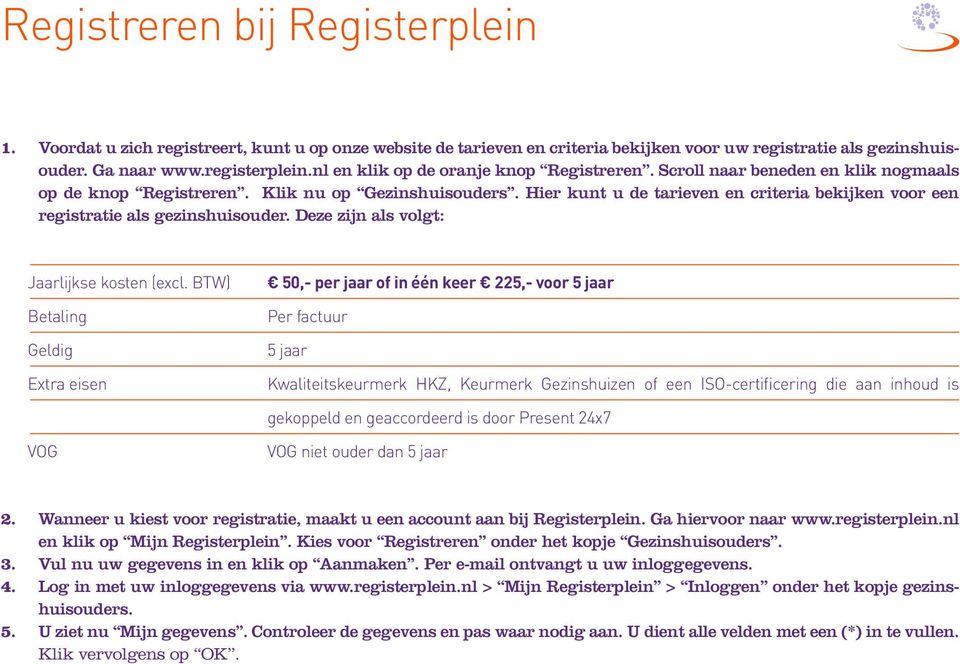 Hier kunt u de tarieven en criteria bekijken voor een registratie als gezinshuisouder. Deze zijn als volgt: Jaarlijkse kosten (excl.