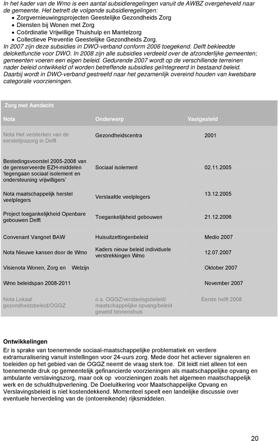 Geestelijke Gezondheids Zorg. In 2007 zijn deze subsidies in DWO-verband conform 2006 toegekend. Delft bekleedde deloketfunctie voor DWO.
