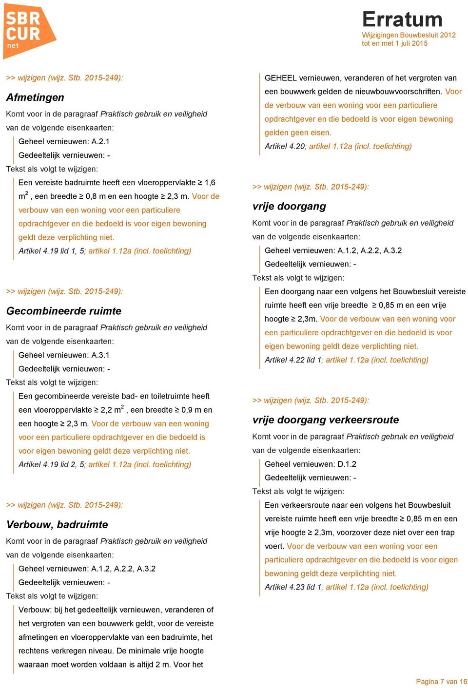 toelichting) Gecombineerde ruimte Geheel vernieuwen: A.3.1 Een gecombineerde vereiste bad- en toiletruimte heeft een vloeroppervlakte 2,2 m 2, een breedte 0,9 m en een hoogte 2,3 m.