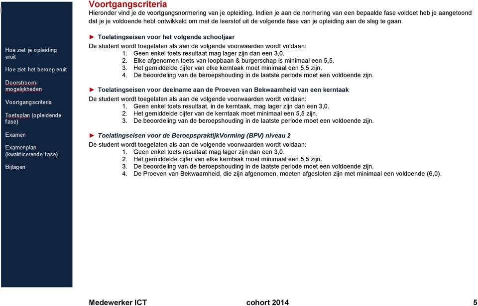 Toelatingseisen voor het volgende schooljaar De student wordt toegelaten als aan de volgende voorwaarden wordt voldaan: 1. Geen enkel toets resultaat mag lager zijn dan een 3,0. 2.