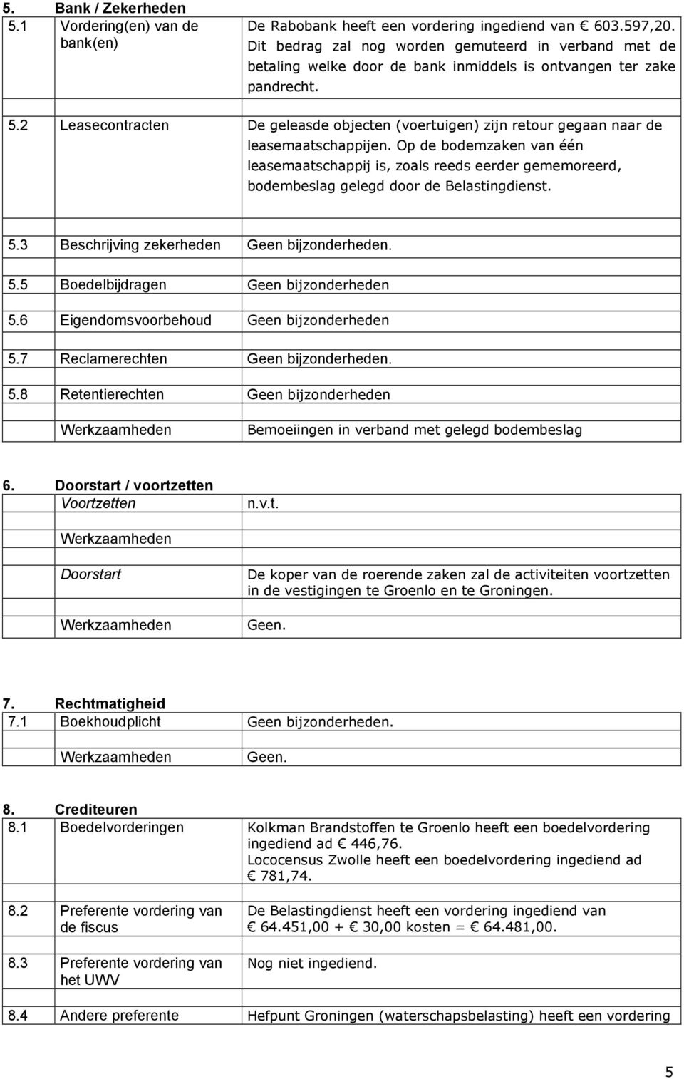 2 Leasecontracten De geleasde objecten (voertuigen) zijn retour gegaan naar de leasemaatschappijen.