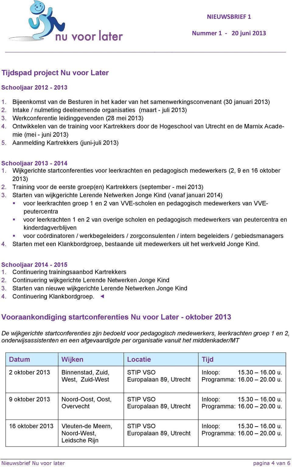 Ontwikkelen van de training voor Kartrekkers door de Hogeschool van Utrecht en de Marnix Academie (mei - juni 2013) 5. Aanmelding Kartrekkers (juni-juli 2013) Schooljaar 2013-2014 1.