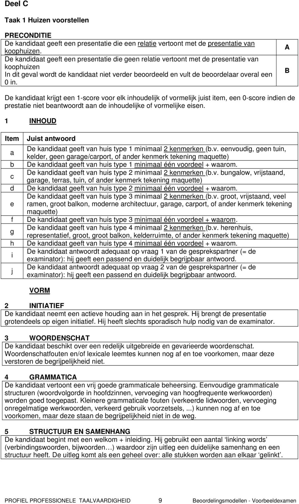 A B De kandidaat krijgt een 1-score voor elk inhoudelijk of vormelijk juist item, een 0-score indien de prestatie niet beantwoordt aan de inhoudelijke of vormelijke eisen.