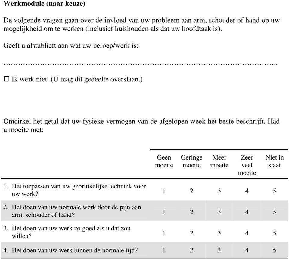 ) Omcirkel het getal dat uw fysieke vermogen van de afgelopen week het beste beschrijft. Had u met: Zeer veel 1.