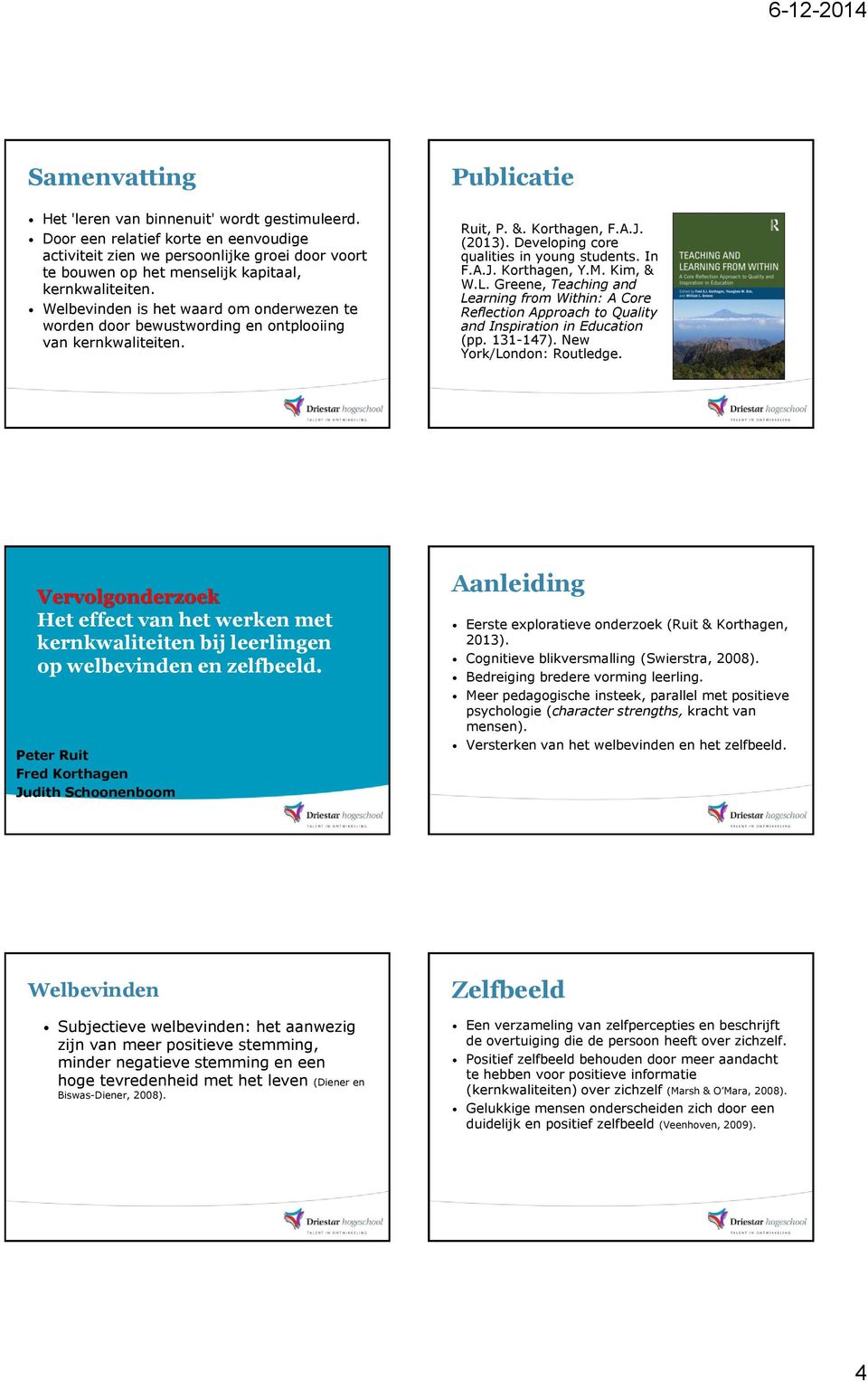 Welbevinden is het waard om onderwezen te worden door bewustwording en ontplooiing van kernkwaliteiten. Ruit, P. &. Korthagen, F.A.J. (2013). Developing core qualities in young students. In F.A.J. Korthagen, Y.