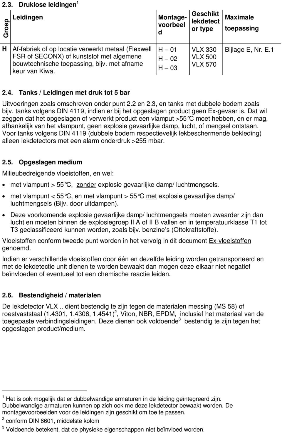 Tanks / Leidingen met druk tot 5 bar Uitvoeringen zoals omschreven onder punt 2.2 en 2.3, en tanks met dubbele bodem zoals bijv.