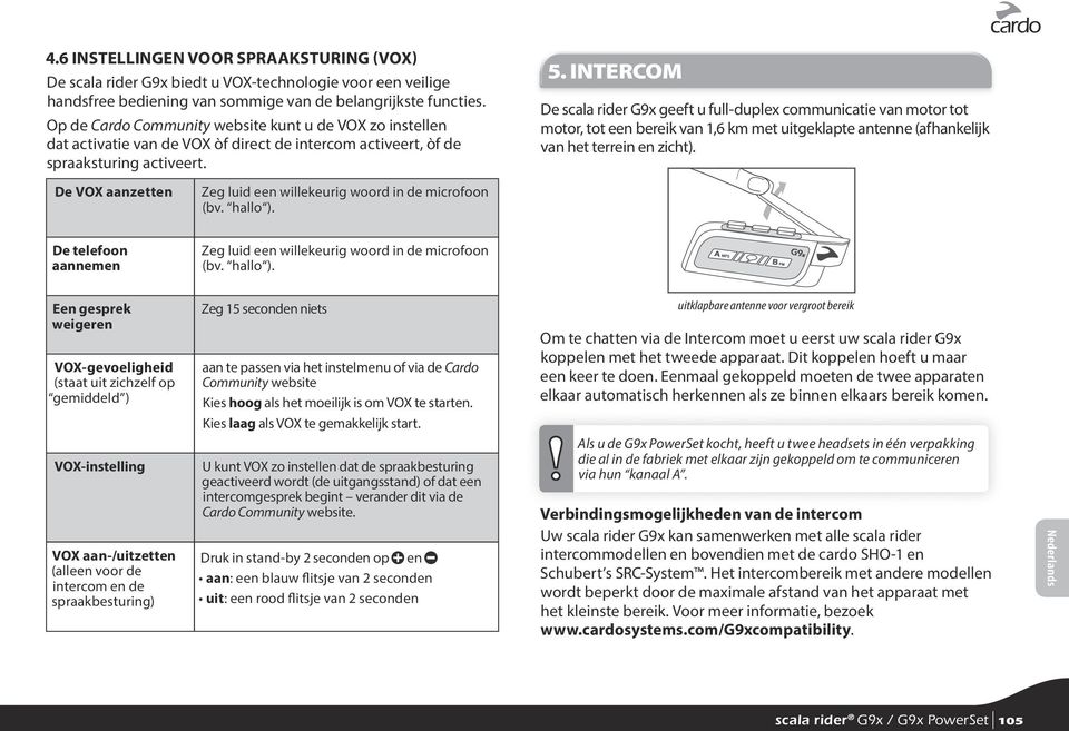 INTERCOM De scala rider G9x geeft u full-duplex communicatie van motor tot motor, tot een bereik van 1,6 km met uitgeklapte antenne (afhankelijk van het terrein en zicht).