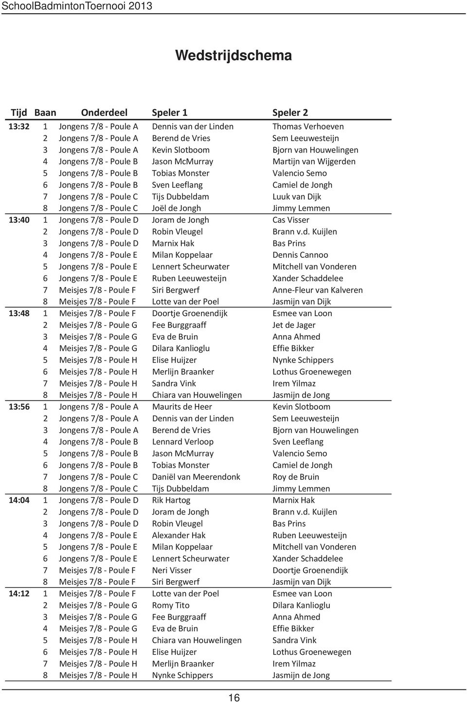 Sven Leeflang Camiel de Jongh 13:32 7 Jongens 7/8 Poule C Tijs Dubbeldam Luuk van Dijk 13:32 8 Jongens 7/8 Poule C Joël de Jongh Jimmy Lemmen 13:40 1 Jongens 7/8 Poule D Joram de Jongh Cas Visser