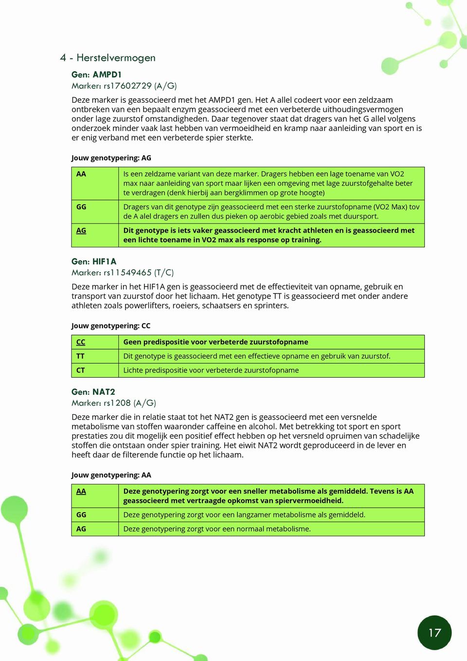 Daar tegenover staat dat dragers van het G allel volgens onderzoek minder vaak last hebben van vermoeidheid en kramp naar aanleiding van sport en is er enig verband met een verbeterde spier sterkte.