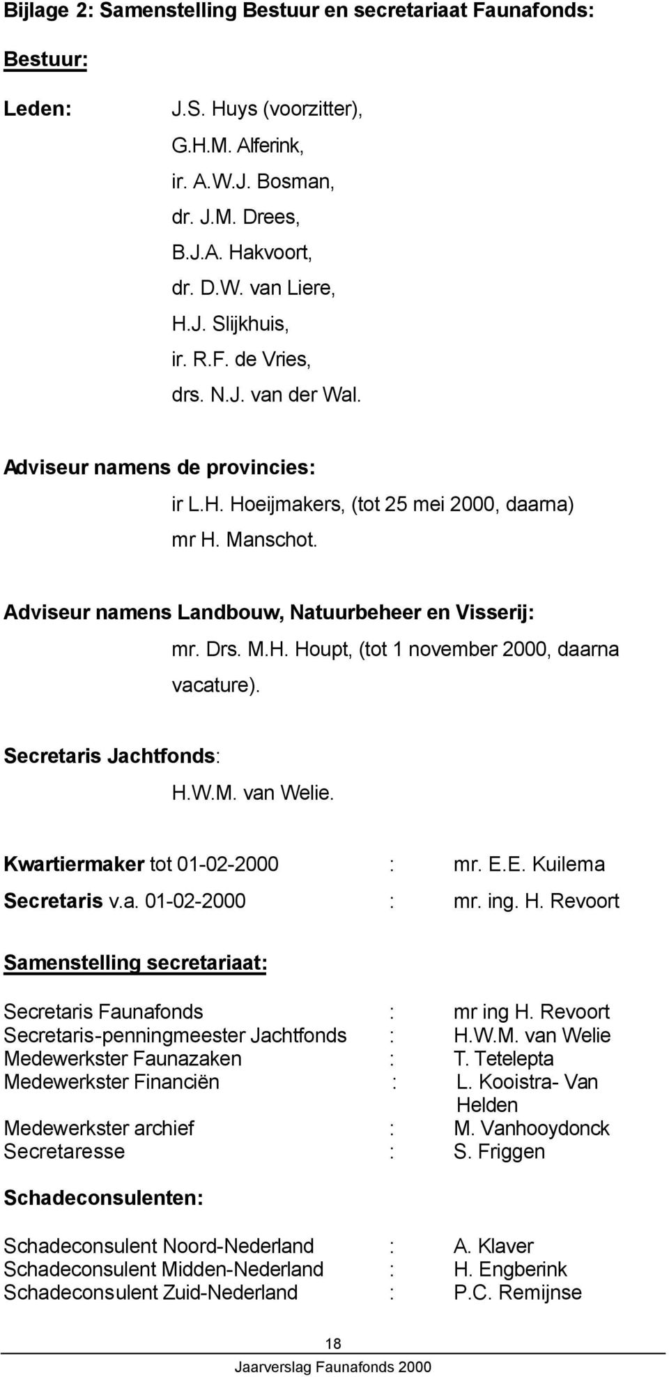 Secretaris Jachtfonds: H.W.M. van Welie. Kwartiermaker tot 01-02-2000 : mr. E.E. Kuilema Secretaris v.a. 01-02-2000 : mr. ing. H. Revoort Samenstelling secretariaat: Secretaris Faunafonds : mr ing H.