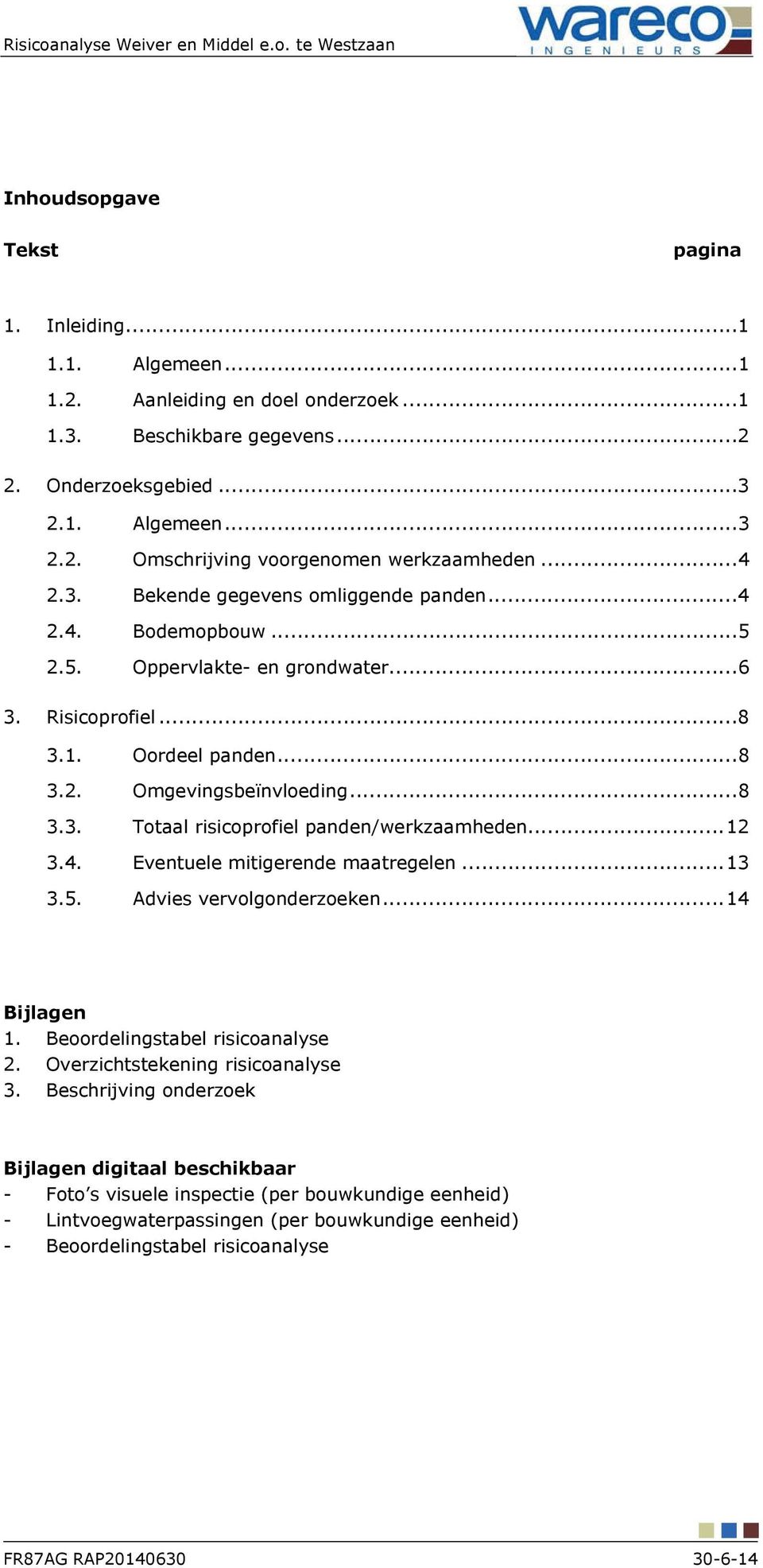 ..8 Totaal risicoprofiel panden/werkzaamheden... 12 Eventuele mitigerende maatregelen... 13 Advies vervolgonderzoeken...14 Bijlagen 1. Beoordelingstabel risicoanalyse 2.