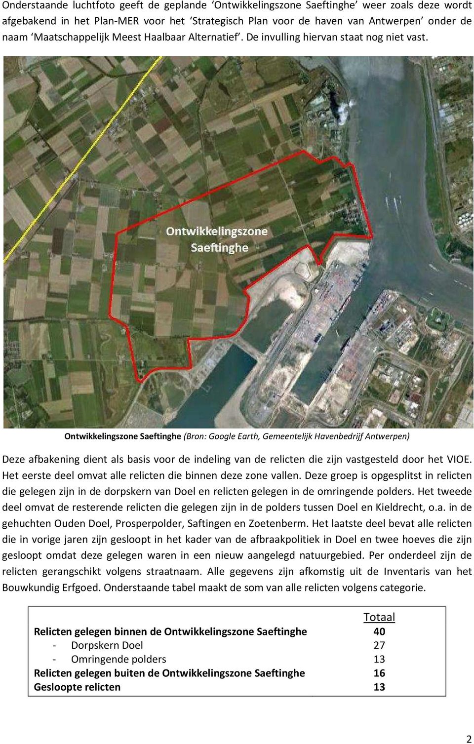 Ontwikkelingszone Saeftinghe (Bron: Google Earth, Gemeentelijk Havenbedrijf Antwerpen) Deze afbakening dient als basis voor de indeling van de relicten die zijn vastgesteld door het VIOE.