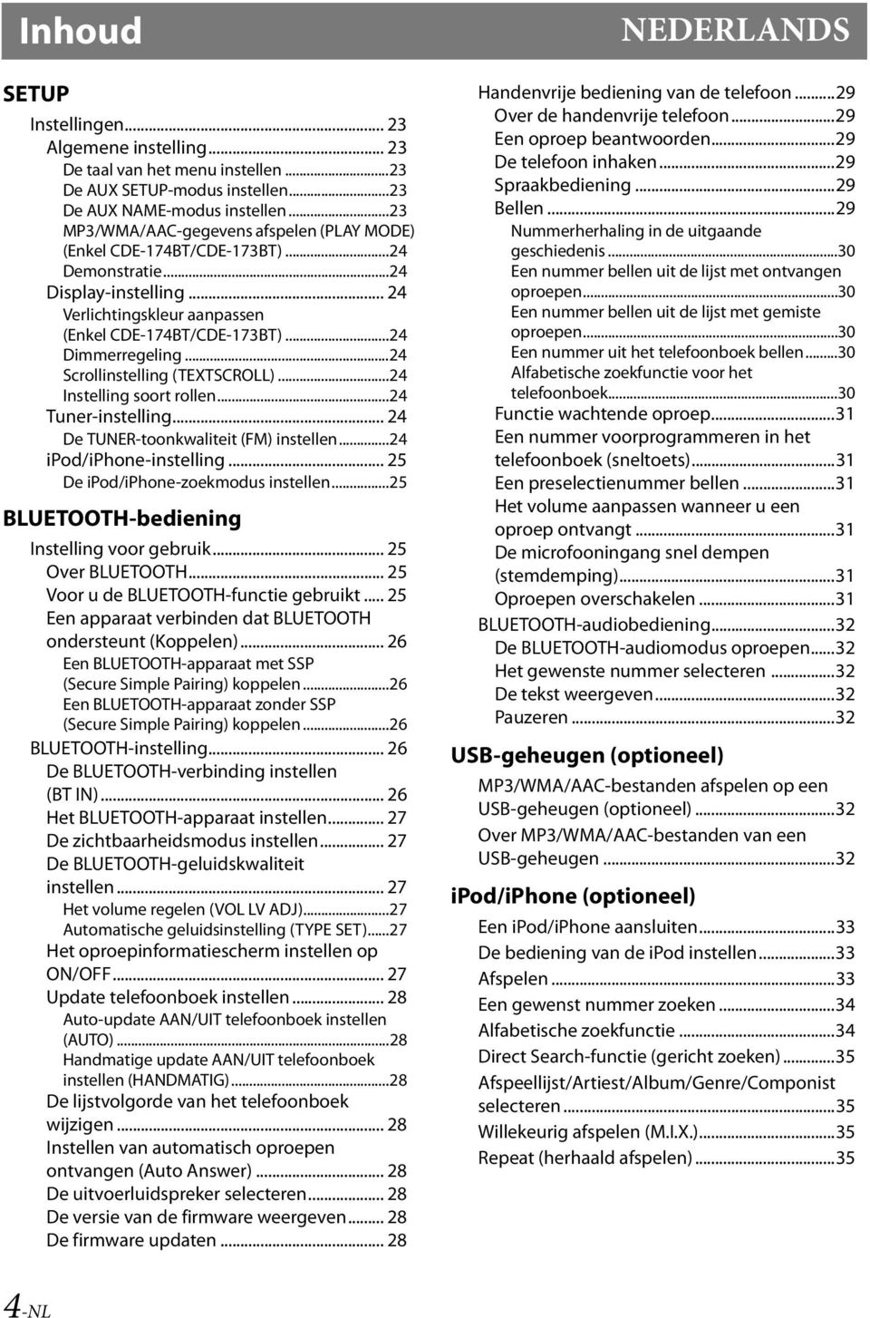 ..24 Scrollinstelling (TEXTSCROLL)...24 Instelling soort rollen...24 Tuner-instelling... 24 De TUNER-toonkwaliteit (FM) instellen...24 ipod/iphone-instelling... 25 De ipod/iphone-zoekmodus instellen.