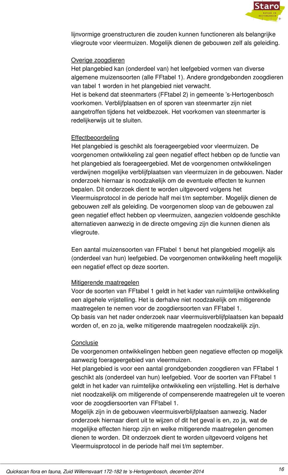 Andere grondgebonden zoogdieren van tabel 1 worden in het plangebied niet verwacht. Het is bekend dat steenmarters (FFtabel 2) in gemeente s-hertogenbosch voorkomen.