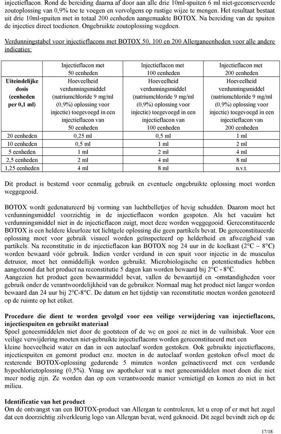 Verdunningstabel voor injectieflacons met BOTOX 50, 100 en 200 Allerganeenheden voor alle andere indicaties: Injectieflacon met 50 eenheden Injectieflacon met 100 eenheden Injectieflacon met 200