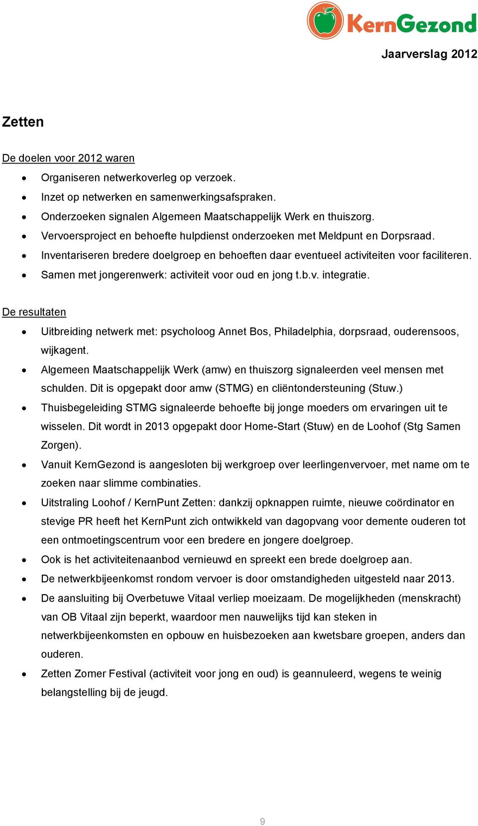 Samen met jongerenwerk: activiteit voor oud en jong t.b.v. integratie. De resultaten Uitbreiding netwerk met: psycholoog Annet Bos, Philadelphia, dorpsraad, ouderensoos, wijkagent.