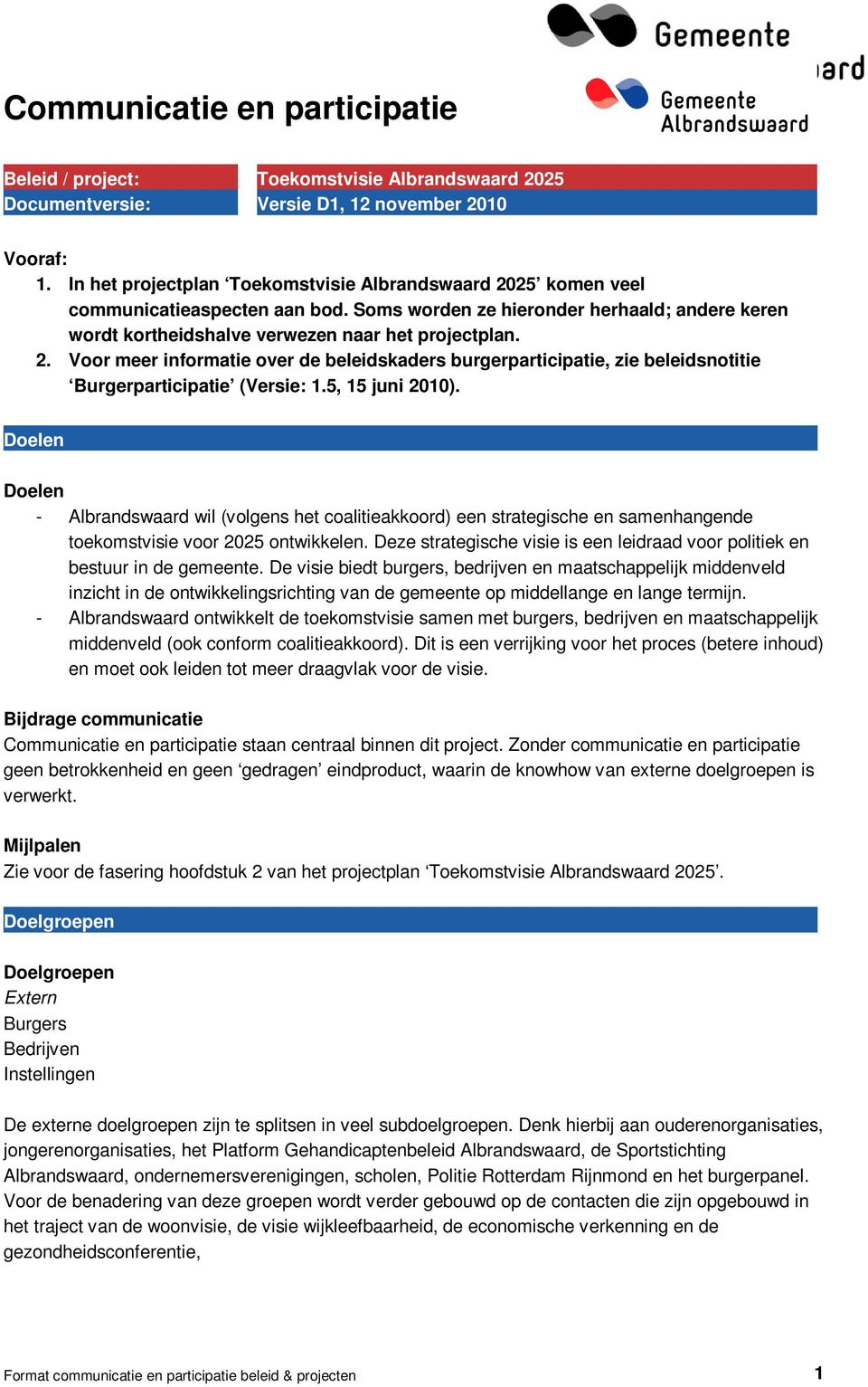 5, 15 juni 2010). Doelen Doelen - Albrandswaard wil (volgens het coalitieakkoord) een strategische en samenhangende toekomstvisie voor 2025 ontwikkelen.