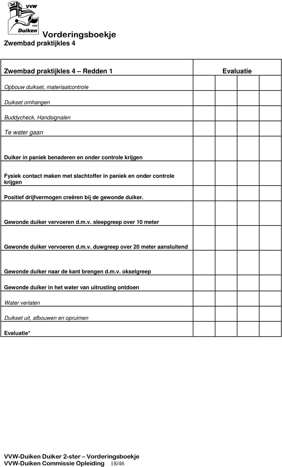 gewonde duiker. Gewonde duiker vervoeren d.m.v. sleepgreep over 10 meter Gewonde duiker vervoeren d.m.v. duwgreep over 20 meter aansluitend Gewonde duiker naar de kant brengen d.