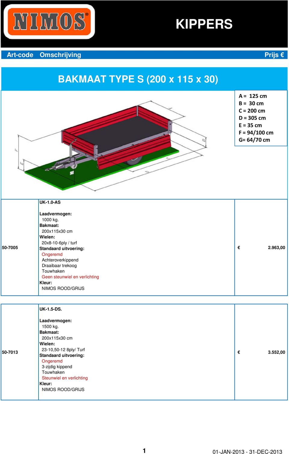 Bakmaat: 200x115x30 cm 20x8-10-6ply / turf Achteroverkippend Draaibaar trekoog Geen steunwiel en