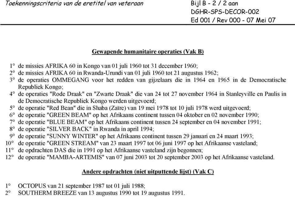 1964 in Stanleyville en Paulis in de Democratische Republiek Kongo werden uitgevoerd; 5 de operatie "Red Bean" die in Shaba (Zaïre) van 19 mei 1978 tot 10 juli 1978 werd uitgevoerd; 6 de operatie