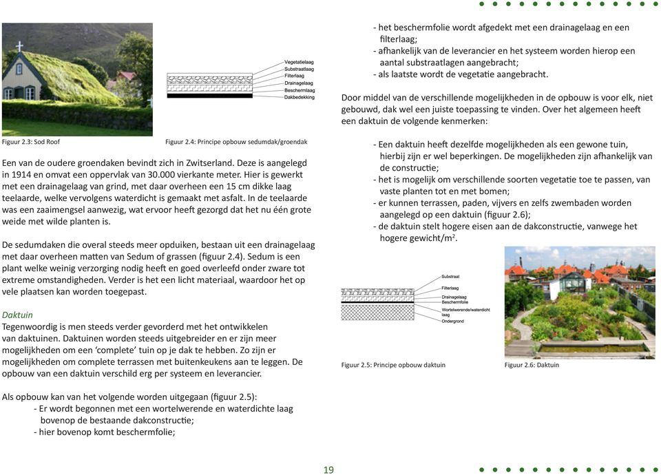 Over het algemeen heeft een daktuin de volgende kenmerken: Figuur 2.3: Sod Roof Figuur 2.4: Principe opbouw sedumdak/groendak Een van de oudere groendaken bevindt zich in Zwitserland.