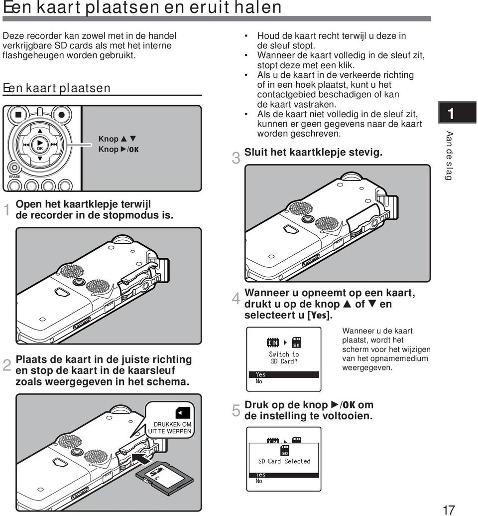 Als u de kaart in de verkeerde richting of in een hoek plaatst, kunt u het contactgebied beschadigen of kan de kaart vastraken.