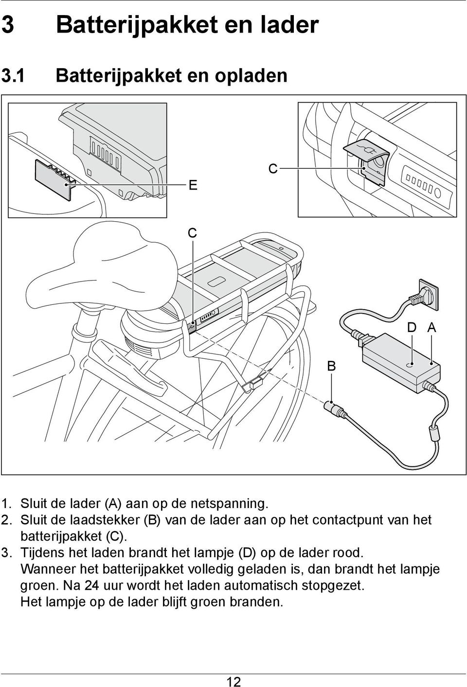 Sluit de laadstekker (B) van de lader aan op het contactpunt van het batterijpakket (C). 3.