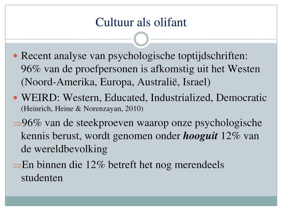 Industrialized, Democratic (Heinrich, Heine & Norenzayan, 2010) 96% van de steekproeven waarop onze