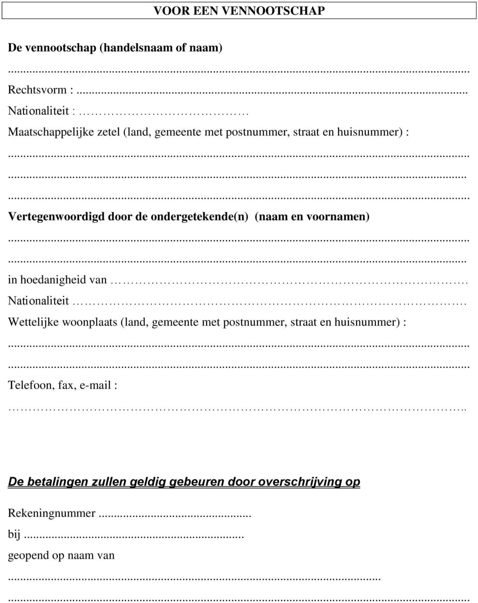 .. Vertegenwoordigd door de ondergetekende(n) (naam en voornamen)... in hoedanigheid van. Nationaliteit.