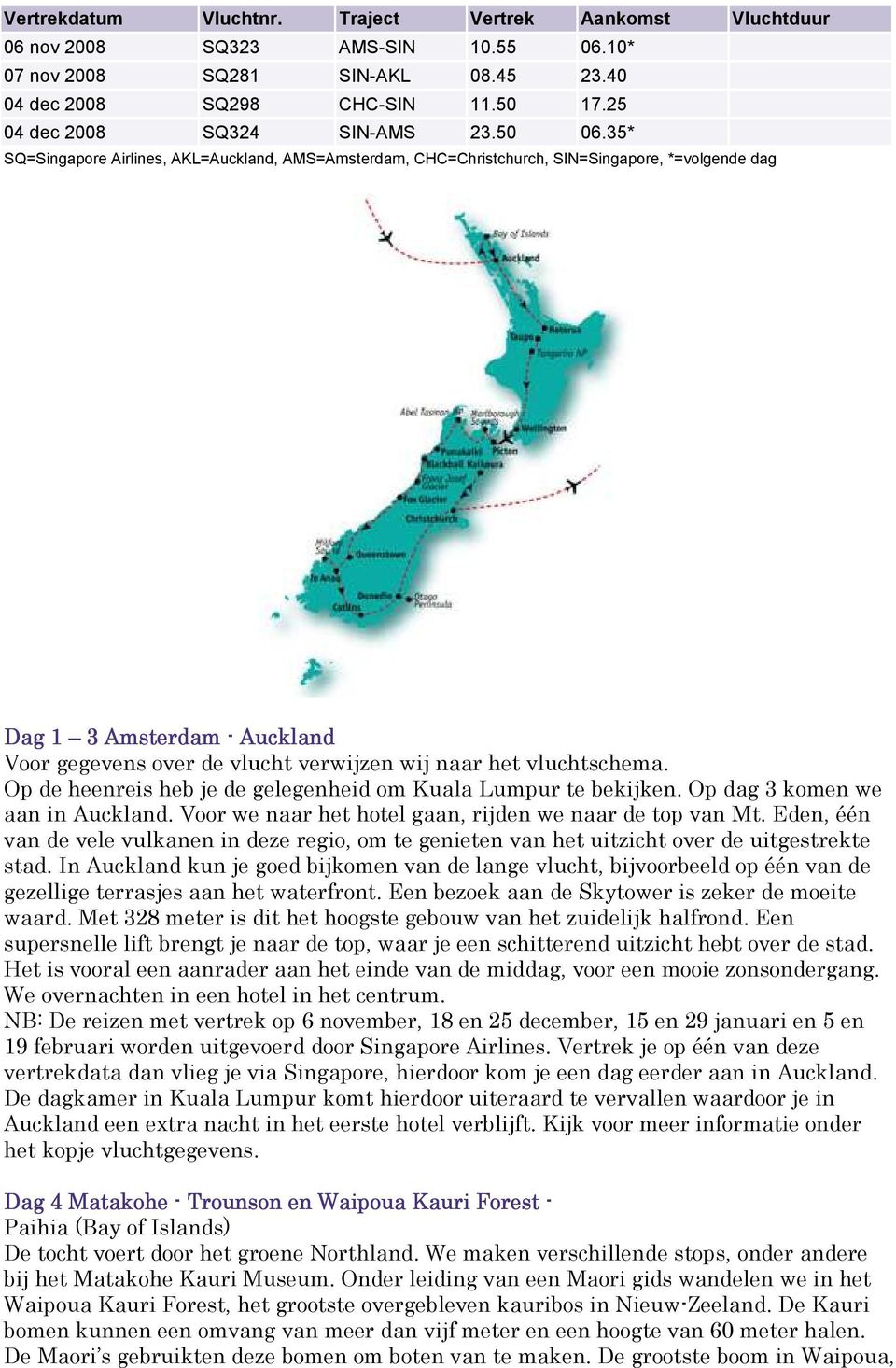 35* SQ=Singapore Airlines, AKL=Auckland, AMS=Amsterdam, CHC=Christchurch, SIN=Singapore, *=volgende dag Dag 1 3 Amsterdam - Auckland Voor gegevens over de vlucht verwijzen wij naar het vluchtschema.