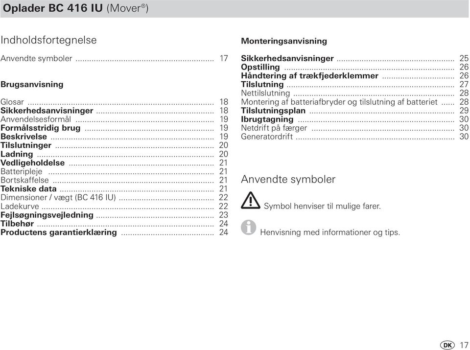 .. 23 Tilbehør... 24 Productens garantierklæring... 24 Monteringsanvisning Sikkerhedsanvisninger... 25 Opstilling... 26 Håndtering af trækfjederklemmer... 26 Tilslutning... 27 Nettilslutning.